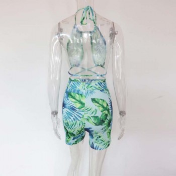 Kricesseen Fashion Green Palm Print Shorts Set With Masks Womens Tropical Leaf Print Bandage Crop Top And Shorts Set Beach Suits